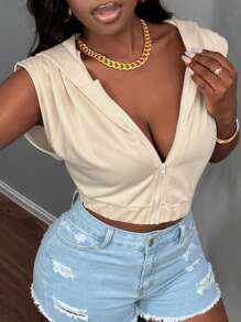 Zolique Spring And Summer New Daily Casual, Street Fashion Solid Color Hooded Zipper Hooded Short-Sleeved Women's Sweatshirt Pullover Fall Sweatshirt - Apricot - View 3