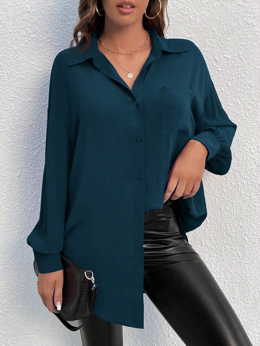 SHEIN VCAY Plus Size Solid Color Front Button Long Sleeve Casual Top, For Everyday Wear