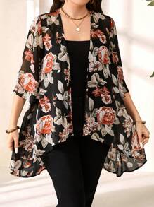 EMERY ROSE Plus Size Mid-Length Floral Print Cardigan, Casual Jacket,Vacation Outfits Woman,Boho For Women Winter Fall Autumn - Black - View 1