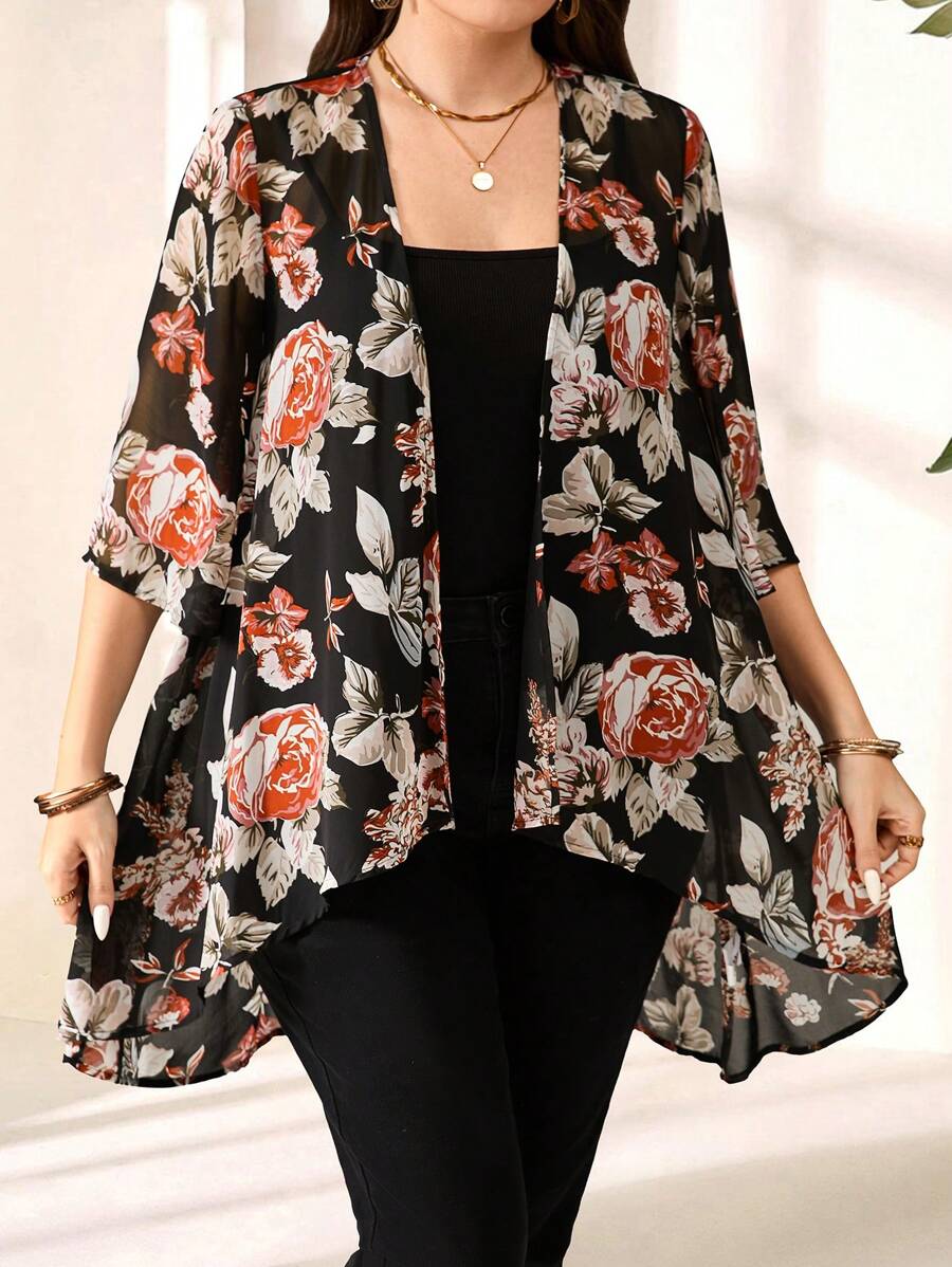 EMERY ROSE Plus Size Mid-Length Floral Print Cardigan, Casual Jacket,Vacation Outfits Woman,Boho For Women Winter Fall Autumn - Black - View 1