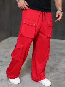 Manfinity Homme 大码男士纯色系带前口袋休闲裤，日常穿着 - 紅色 - 查看 5