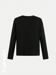 SHEIN Tween Boy 纯黑色长袖休闲简约 T 恤，日常穿着 - 黑色 - 查看 9