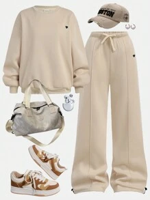 SHEIN Girlism 少女休闲/校园/返校/运动/圆领/刺绣/猪鼻子纽扣/松紧下摆/连帽衫/运动裤/两件套/波西米亚风/街头风~套头衫~运动套装~舒适