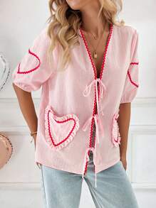 SHEIN LUNE 全新春季休闲法式街头心形图案系带蝴蝶袖纽扣衬衫女士情人节 - 粉色 - 查看 2