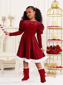 SHEIN Tween Girls' Elegant Christmas Party Dress, Balloon Sleeve, Waist Cinched, Fluffy Skirt, Burgundy Velour - Burgundy - View 2