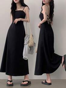 DAZY 女士长款优雅修身腰黑色连衣裙太阳裙，休闲女士连衣裙