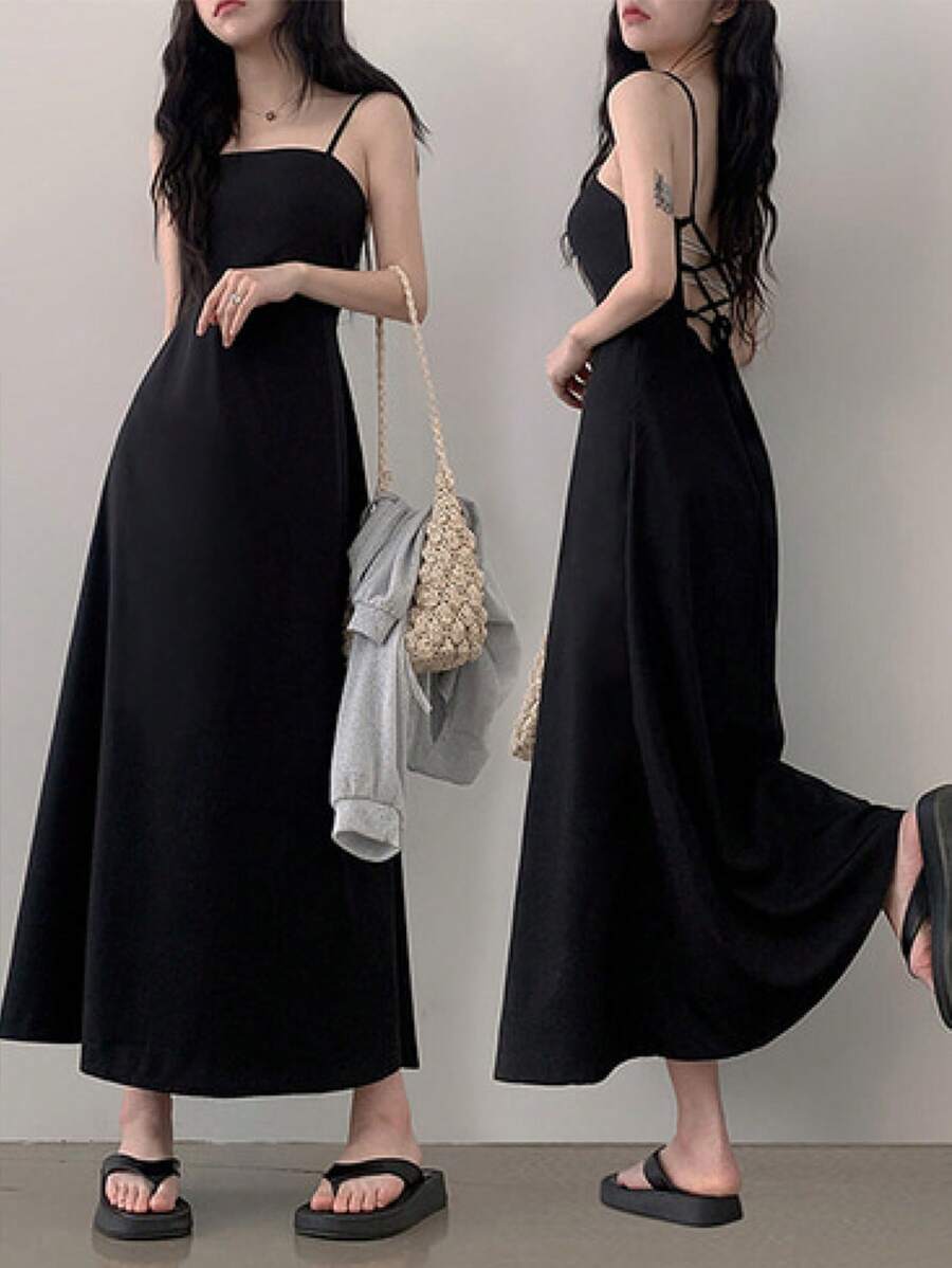 DAZY 女士长款优雅修身腰黑色连衣裙太阳裙，休闲女士连衣裙