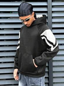 Sudadera con capucha negra suelta de manga larga y bloqueo de color casual para hombres, otoño/invierno