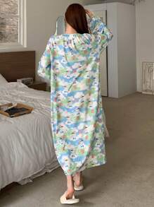 DAZY Cute Cartoon Print Gathered Drawstring Lantern Sleeve Loose Nightgown Pajama - Multicolor - View 2