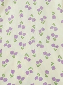 青少女優雅的紫色花卉印花長袖上衣和褲子睡衣套裝 - 淡紫色 - 查看 4