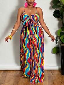 Slaydiva Conjunto de 2 piezas de talla grande para vacaciones, con top tipo camiseta y pantalón de pierna ancha, en colores vivos, adecuado para primavera y verano - Multicolor - Ver 3