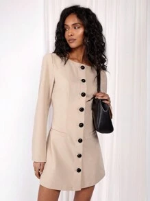 COSMINA Women's Round Neck Long Sleeve Single-Breasted Elegant Mini Dress - Apricot - View 6