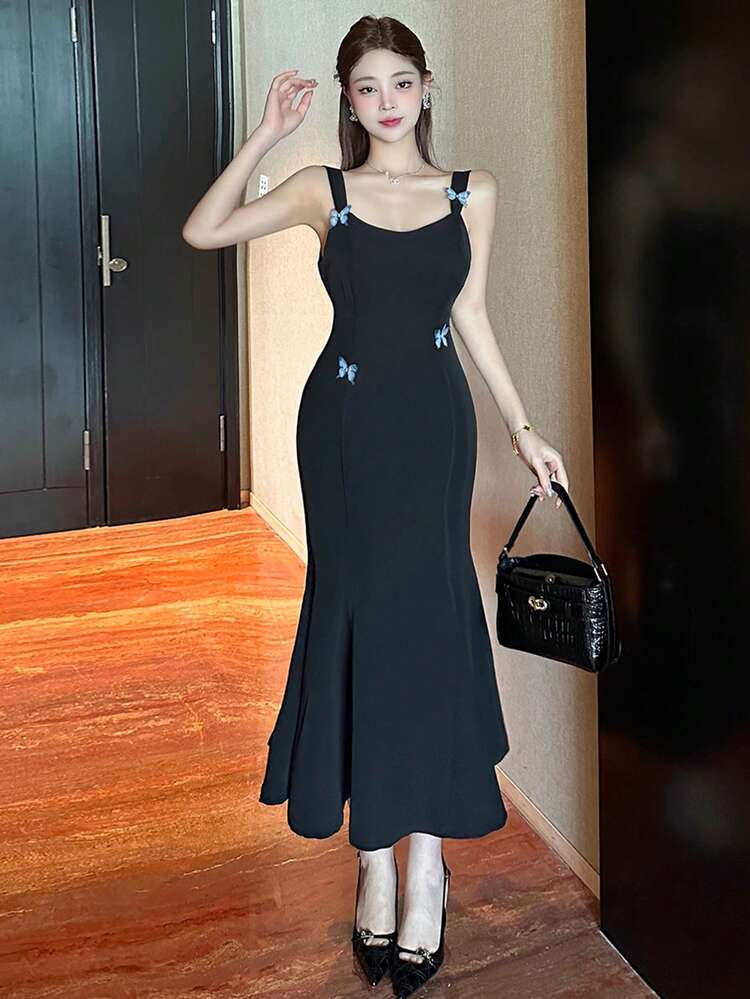 Women Spring Style Initial Date Wear Butterfly Decor Long Dress Sundress Maxi Dress