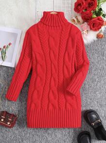 Tween 女童休闲圣诞红色宽松立领雪尼尔纹理毛衣裙，温暖百搭，适合秋冬季