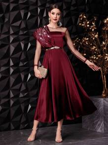 Modelyn Women's Shiny Rhinestone Mesh Splicing Satin Dress,Elegant Evening Party Maxi Dress - Burgundy - View 3