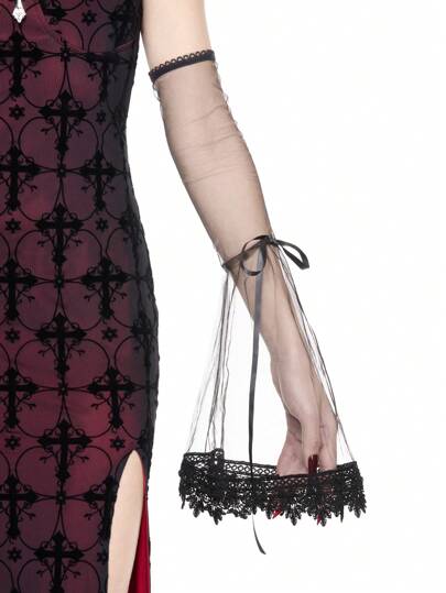 Goth Maniche a gomito in rete con fiocco e maniche a sbuffo per donna