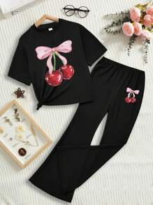 SHEIN 2pcs/Set Tween Girls Casual Bow & Cherry Graphic Print Short Sleeve Top And Pants Set, Summer - Black - View 1