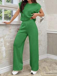 Muchica Green Knit Women's Loose Set, Minimalist Fashion Casual Everyday Wear