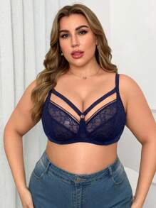 1pc Plus Size Contrast Lace Underwire Bra Lingerie - Royal Blue - View 6