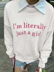 Chiquease Women's Casual Embroidered Letter Long Sleeve Knitted Sweater Fall Winter