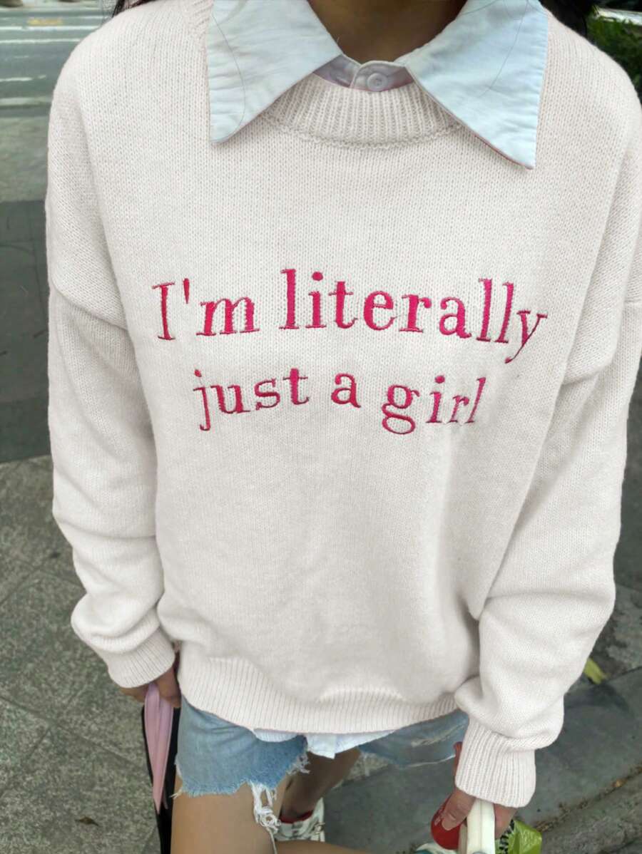 Chiquease Women's Casual Embroidered Letter Long Sleeve Knitted Sweater Fall Winter