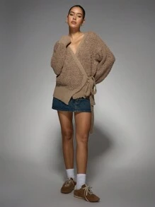 MISSGUIDED 厚实爆米花针织环绕式开衫泡泡袖芭蕾风格秋冬毛衣长袖罗纹下摆交叉前襟款式