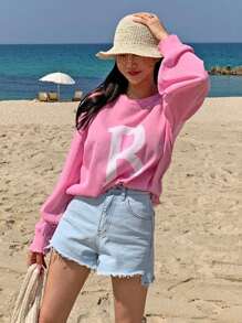 DAZY Women's Oversized Crew Neck Letter Print Dropped Shoulder Long Sleeve Casual Sweater,Fall Clothes - Pink - View 7