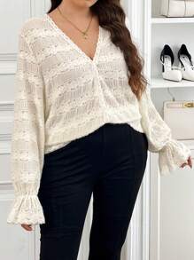 SHEIN Frenchy Plus Size Casual Elegant Lace Patchwork Jacquard Blouse - Apricot - View 3