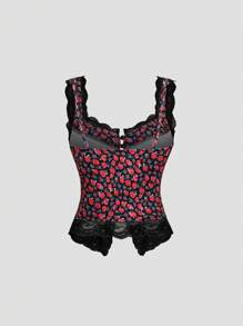 Sweetra Camiseta de encaje con diseño floral de rosa romántica para el Día de San Valentín - Negro - Ver 2