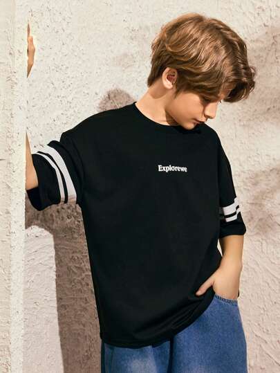 SHEIN 3 件装青少年男童套头短袖 T 恤多件装买一送三休闲宽松拼接设计上衣，适合春季、夏季、适合节日