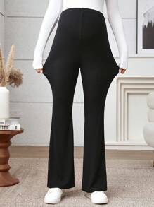 Modmama 2pcs Maternity High Waist Flared Pants, Solid Color Adjustable Waistband Pregnancy Trousers