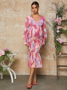 MaterniChic 孕妇情人节粉色扎染碎花修身连衣裙