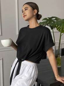 DAZY Women's Solid Color Round Neck Short Sleeve Casual Top, For Daily Wear,Crop Tops Women - Black - View 5