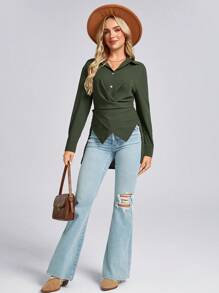 SHEIN LUNE 1 件女式交叉裹身前 V 领办公室圣诞绿色衬衫 - 綠色 - 查看 6