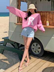 DAZY Women's Oversized Crew Neck Letter Print Dropped Shoulder Long Sleeve Casual Sweater,Fall Clothes - Pink - View 3