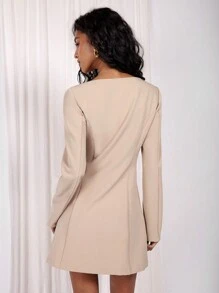 COSMINA Women's Round Neck Long Sleeve Single-Breasted Elegant Mini Dress - Apricot - View 2