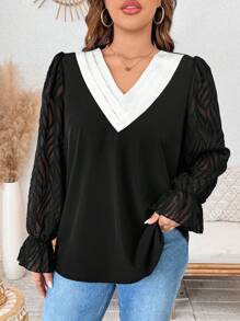 SHEIN LUNE Plus Size Plain V-Neck Long Sleeve Casual Shirt - Black - View 5