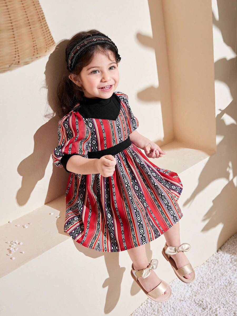 SHEIN Baby Girl Cute Colorblock Short Sleeve Summer Dress - Black - View 1