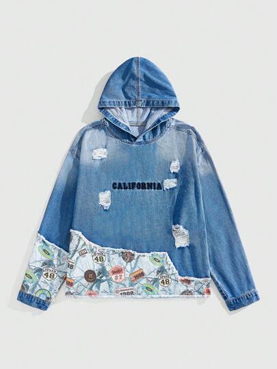 Street Life جاكيت جينز بغطاء للرأس مع رسومات حرفية طويلة الأكمام ممزقة، موسم الخريف