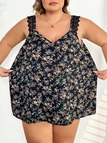 SHEIN CURVE+ Plus Size Summer New Arrival Small Flower Print Lace Patchwork Camisole Boho Vacation - Multicolor - View 3