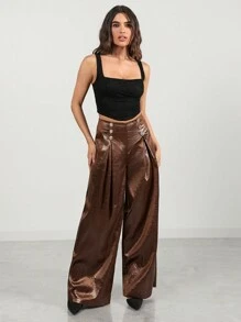 Glamine Pantalones anchos de talle alto de tela metálica marrón retro para mujer de diseño elegante, apropiados para el trabajo, fiestas, citas y uso versátil.