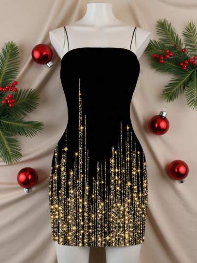 SHEIN EZwear Vestido de tirantes casual y minimalista con estampado de diamantes simulados para mujer, ideal para verano y fiestas de Año Nuevo