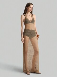 Ontre New 2025 Women Hollow Neck Tie Sleeveless Boho Style Dress, Vacation, Festival, Minimalist Fashion, Beach Cover-Up, Bohemian Style, Vacation, Festival, Spring/Summer - Khaki - View 5