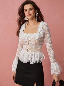 Enchnt Camisa casual con cuello cuadrado de encaje, manga larga, pliegues simples y parches para mujer