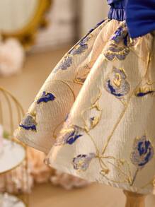 SHEIN Leap Crew 女婴可爱华丽蓝色蝴蝶结吊带上衣和花卉图案裙子 2 件套 - 藍色 - 查看 7