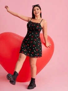 SHEIN EZwear Heart Print Mesh Plus Size Camisole Mini Dress/Valentine's Day - Black - View 7