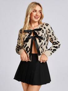 SHEIN LUNE Women Round Collar Front Tie Bow Leopard Print Knit Cardigan, Casual Commute Elegant Outwear, Warm For Autumn/Winter Cheetah Print Sweater - Multicolor - View 5