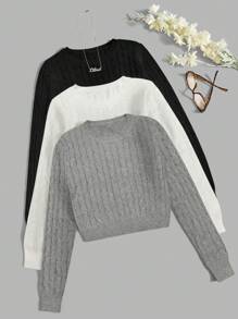 SHEIN LUNE Women's Plain Crew Neck Long Sleeve Casual Knit Sweater, Autumn/Winter - Multicolor - View 4