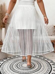 SHEIN LUNE Jupe évasée élégante en couleur unie avec volants en dentelle pour femmes grandes tailles, idéale pour les fêtes, le cocktail, la Saint-Valentin et le quotidien, printemps/été - Blanc - Voir 2