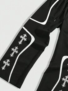 ROMWE MEN Goth Men's Cross Print Drawstring Waist Wide Leg Casual Pants